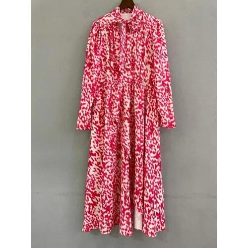 Newest Fashion Style Dress 2021 Autumn Womne Bow Collar Hollow Out Sexy Split Long Sleeve Mid-Calf Sexy Wild Leopard Print Dress