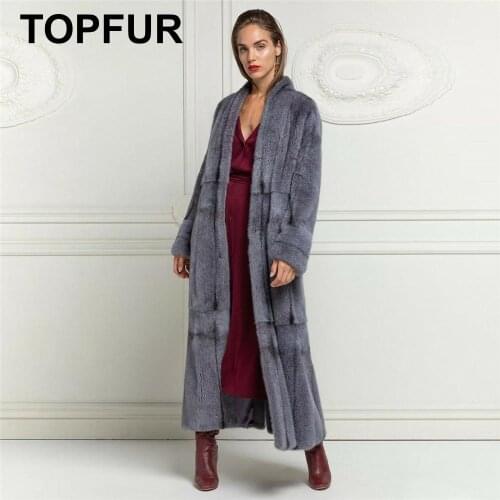 TOPFUR Real Fur Coat Women Winter Coat Women Blue Gray Natural MInk Fur Coat X-Long Leather Jacket Plus Size Outwear LN002