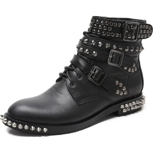 Moraima Snc Winter Ankle Boots Black Leather Round Toe Lace-up Shoes Rivets Studded Riding boots Motorcycle Boots Black