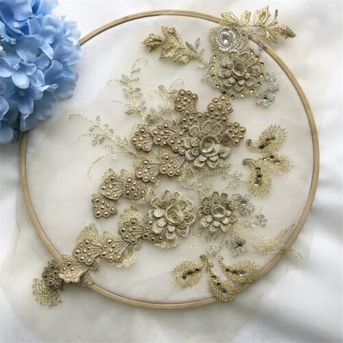 1PC Beautiful Hot-fix Rhinestone Gold Sewing Patches Lace AppliqueWedding Dress Floral Embroidery Flower Trims DIY Craft 40X20cm