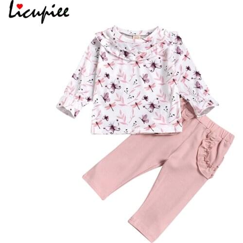 2 Pieces Kids Suit Set Clothing Set Solid Color/ Floral Print Round Neck Long Sleeve Top and Long Pants Girls 1-6 Years