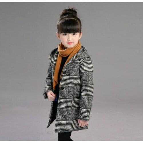 2020 Girls Autumn Fashion Plaid Woolen Coat Hooded Jacket Winter
