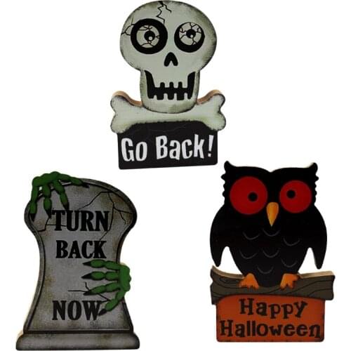 3Pcs/Set Halloween Wooden Table Decoration Owl Skull Tombstone Block Letters Sign Backdrop Rustic Home Office Ornament