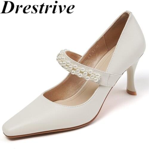 Drestrive Mary Janes Pointed Toe Beaded Women Pumps Full Genuine Leather 2021 Summer Thin High Heel Shoes Beige Shallow