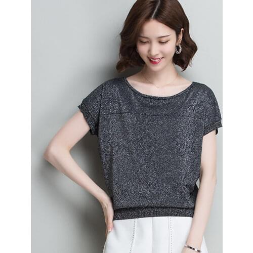 2021 Oversized T Shirt Women Summer Glitter Knitted Tshirt O Neck Batwing Sleeve Bright Silk Tee Female Plus Size Loose Tops