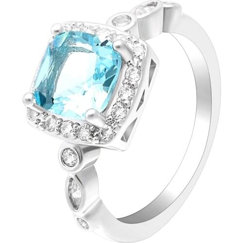Hainon Fashion Sky Blue Geometric Cubic Zirconia Rings Luck BirthStone Womens Girls Wedding Bridal Engagement Rings Gifts
