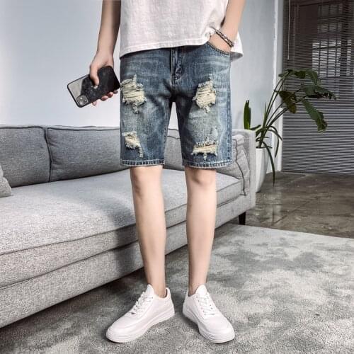 Summer Thin Ripped Denim Shorts Mens Korean Loose Stretch Straight All-Match Five-Point Pants Casual Student Short Jeans