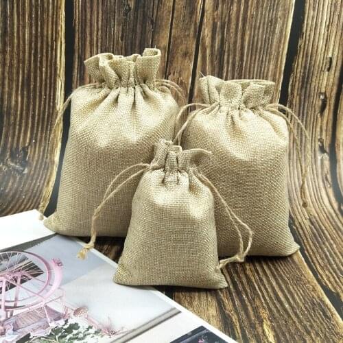 5 Pieces / Set Drawstring Natural Burlap Bag Jute Gift Bags Multi Size Jewelry Packaging Wedding Bags with Candy Bag Can Custom