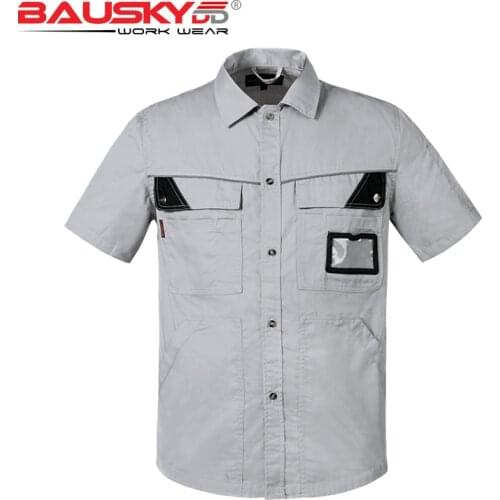 Multi Functional Pockets Workwear Shirts Mens Working Cargo Cloth With Short Sleeves Denim Solid US Size 4XL