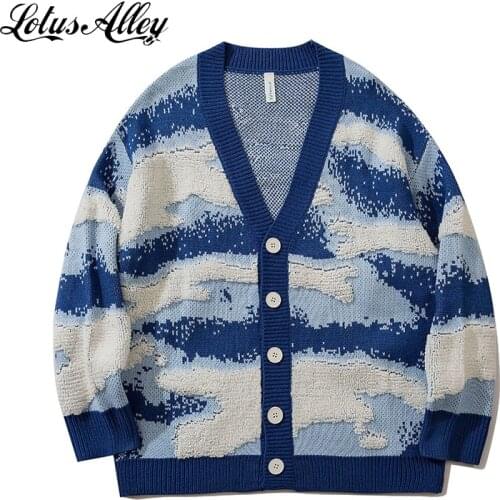 Hip Hop Mens Sweater Embroidery Cloud Oversize V Neck Cardigan Blue Sky Print Korean Fashion Men Sweaters Streetwear Knitted Top