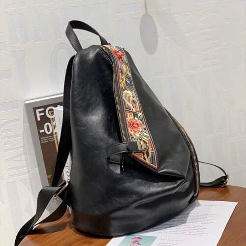 2021 New Chinese Style Embroidery Bag Pu Leather Women Backpack Vintage Large Capacity Female Travel Bags Mochilas Mujer Bolsa