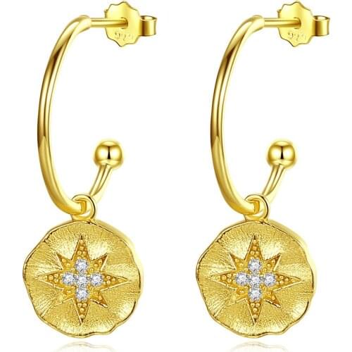 MetJakt S925 Sterling Silver Six-Pointed Star Plated 18K Gold Womens Ear Pendant