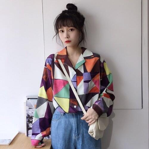 Chic Geometric Pattern Shirt Womens Shirts Ulzzang Japanese Kawaii Ladies Vintage Female Korean Harajuku Cute Clothes For Women