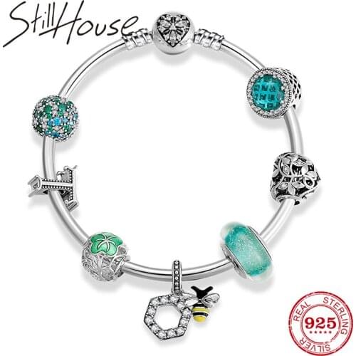 Greem Glass beads Authentic 925 Sterling Silver Heart Charms Bangle Women accessories Fashion jewelry Couple Gift 2019