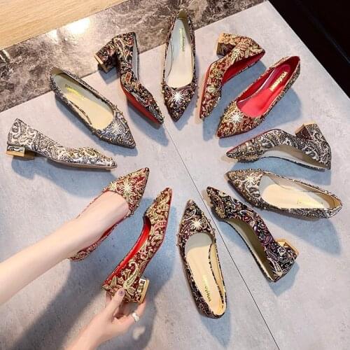 Pumps High Heels, Red Wedding Shoes for Bridal, Chinese Style Embroidery Womens Shoes (Height 6cm 2.36inches)