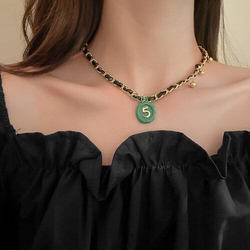 U-Magical Creative Green Number Metal Gold Ball Pendant Necklace for Women Twist Rope Black Leather Asymmetry Necklace Jewelry