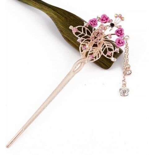 Beauty Women Handmade Colorful Enamel Rose Flowers Hairpin Rhinestone Crystal Hair Sticks Pin Girls Chinese Style Hair Jewelry