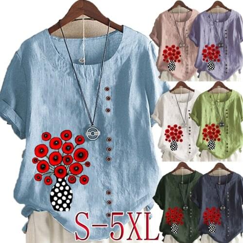 Ew Fashion Womens Cartoon Flowers Printed Short Sleeve Round Neck Blouse Tops Casual Linen T-shirt Plus Size