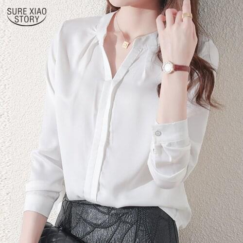 2021 V-neck Elegant High-end Superior Blouse Autumn Long Sleeve Solid Silk Shirt Lady Fashion All-match Chiffon Tops Woman 16706