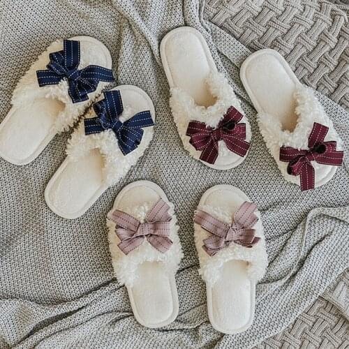 Autumn Winter Chic Open-toe House Women Fur Slippers Bow-knot Bedroom Ladies Flat Shoes Warm Plush Elegant Girls Furry Slides