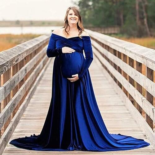 Long Sleeve Pregnant Women Velvet Maxi Gown Dress Sexy V Neck Pregnancy Dress for Photo Shoot Maternity Dresses for Baby Showers