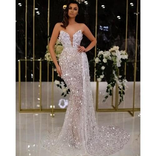 Glitter Strapless Mermaid Evening Dresses Floor Length Sequins Prom Dress African Robes De Soirée Formal Party Gowns