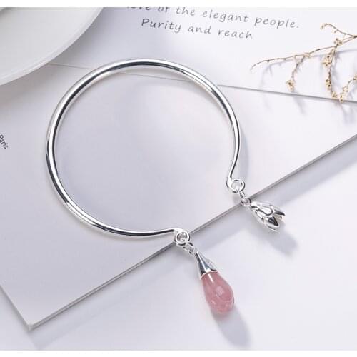 925 sterling silver inlaid natural pink crystal Magnolia glossy and simple sweet all-matching ladies Opening Bracelet