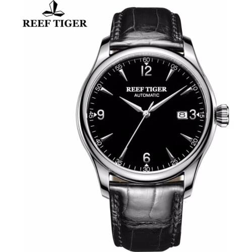 Reef Tiger/RT Business Men Automatic Watch With Date Stainless Steel Leather Strap Waterproof Mechanical Watches dropshipping