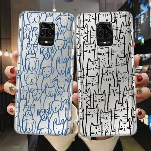 For Xiaomi Mi 10T Note 10 Lite Redmi Note 9S 8 9 10 Pro Max 8T Phone Case Line Art Cartoon Cat Dog Puppy Cover For Redmi Note10S