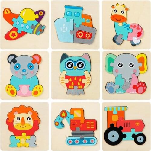 Montessori Wooden 3D Puzzle Jigsaw Toys For Children Cartoon Animal Vehicle Wood Puzzles Intelligence Kids Baby Educational Toy