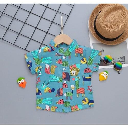 Childrens Clothing 2021 Summer New Cotton Short-sleeve Boys Cartoon Zoo Shirt Cute Baby Girl Top Kids Shirt 1 2 3 4 5 Years Old