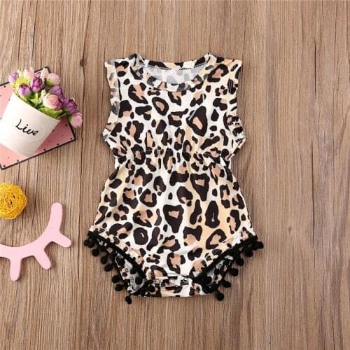Baby Girls Summer Sleeveless Romper Round Collar High Waist Tassel Leopard Jumpsuit Infant Cute Pom Pom Clothes