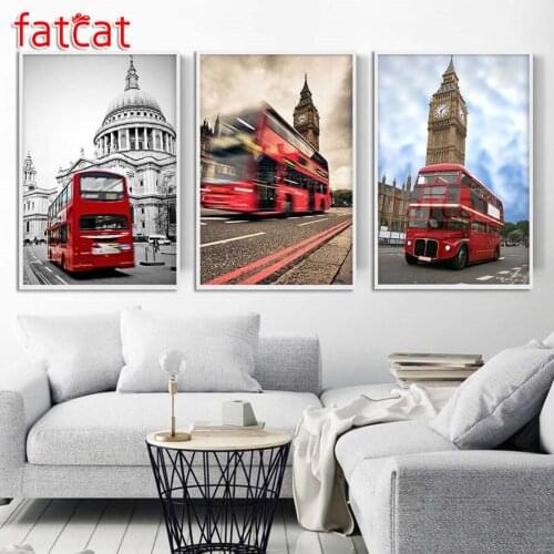 FATCAT Red bus clock tower landscape diy 5d diamond painting full square round drill mosaic embroidery triptych kits AE2750