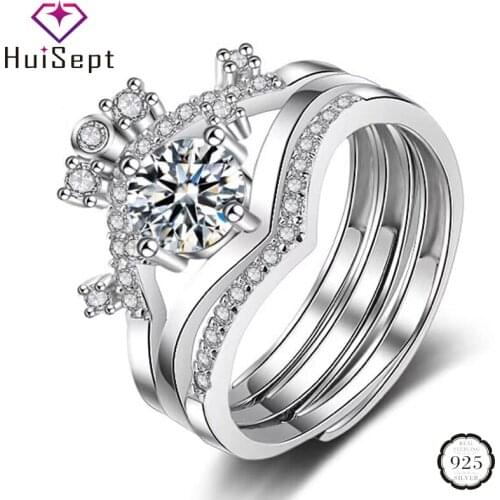 HuiSept Fashion 925 Silver Jewelry Rings Crown Shaped Zircon Gemstones 3 in 1 Open Ring for Female Wedding Party Gifts wholesale