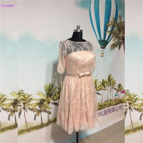 Short Peach Prom Dresses Half Sleeves High Neck Key Hole Back Tulle Lace Knee Length Short Prom Dress Girls Party Gown