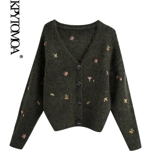 KPYTOMOA Women 2020 Fashion Floral Embroidery Knitted Cardigan Sweater Vintage Long Sleeve Button-up Female Outerwear Chic Tops