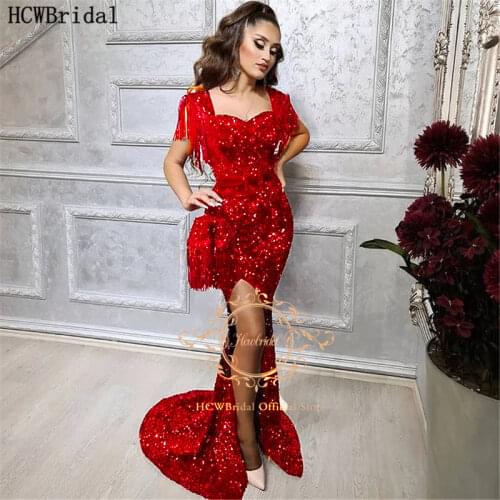 Burgundy Arabic Prom Dresses With Slit Sweetheart Tassel Sequin Shiny Mermaid Party Dress Plus Size Women Long Evening Gowns