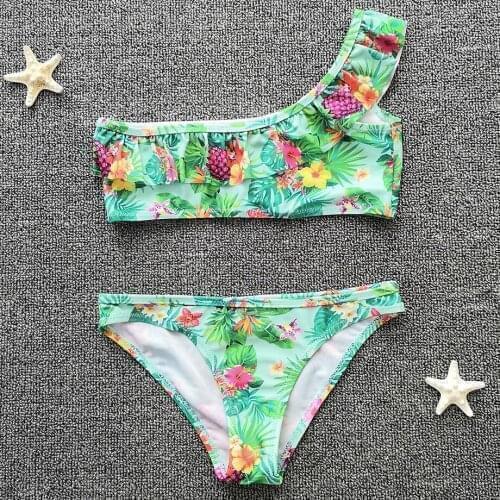 7-16 Years Teenager Girl Bikini Floral Print Girl Swimsuit Kids Two Piece Children Swimwear One Shoulder Girl Beach Bathing Suit