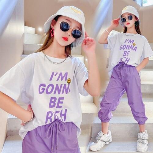 Summer Kids Baby Girls Clothes Set Child Tops T Shirt + Sweatsuit Pants Teenager Letter Tracksuit 5 6 7 8 9 10 11 12 13 14 Years