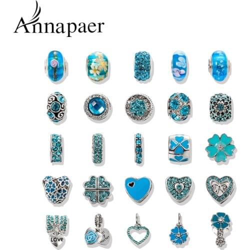 25Pcs/Lot Fashion Flower Heart Beads Blue Style Glass Murano Charm fit Pandora Diy Bracelet Handmade Jewelry Making SET160904