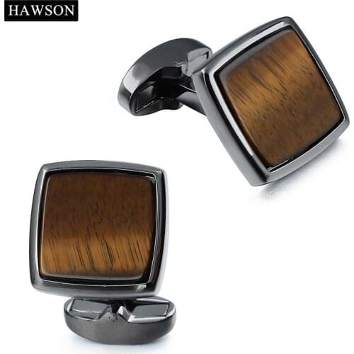 HAWSON Luxury Tigers Eye Stone Cufflinks for Men Fashion Square Pattern Gun Plated Jewelry Cuff Button with Box