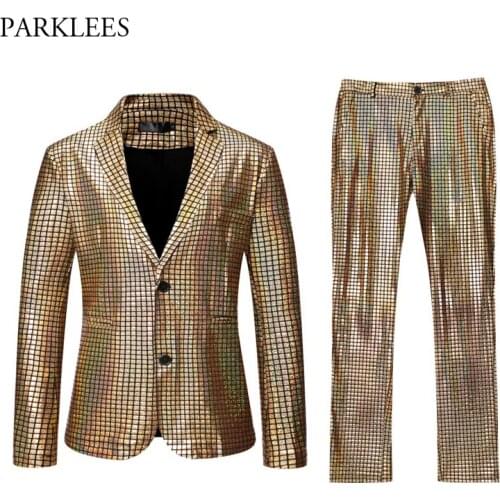 Shiny Gold Plaid Sequin Suits Men Prom Dance Prom Suits with Pants Mens Festival Carnival Christmas Halloween Party Stage Outfit