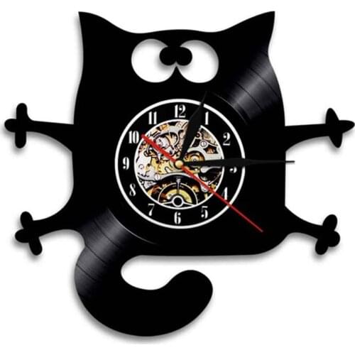 Funny Black Cat Wall Art Clock Cat Meow Vinyl Record Wall Clock For Living Room Kitchen Cuadros Decor Gift For Kitty Cat Lovers