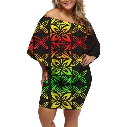 Wholesale Polynesian Tribal Samoa Design Women Dresses Ruffle Off Shoulder Party Sexy Women Slash Sleeve Short Sexy Ruffle Dress