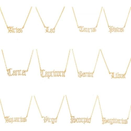 Zircon Necklace 12 Constellation Zodiac Crystal English Letter Jewelry Rose Gold Chain Alphabet Choker Necklace For Women BFF