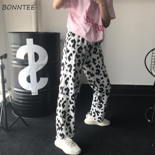 Casual Pants Women Fashion Straight Students Cow-print Korean Style Elastic Waist Spring All-match Simple Panelled Basic Female