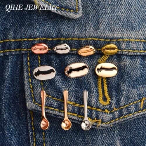 QIHE JEWELRY Coffee bean spoon Coffee pins Women men unisex jewelry Badges Lapel pins Brooches Coffee Addict Gifts