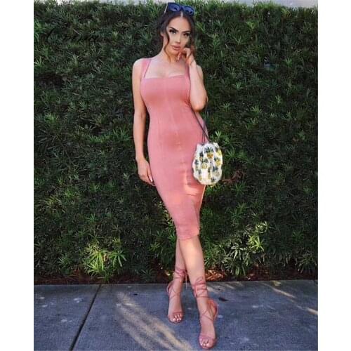 Pink Strapy Square Neck Knee Length Bandage Women Dress