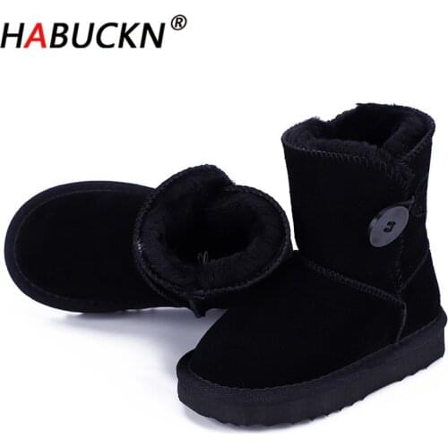 HABUCKN 2020 Fashion Australian classic Wooden buckle Genuine Leather kids Winter Snow Boots Fur Warm Winter Pretty cute dusk