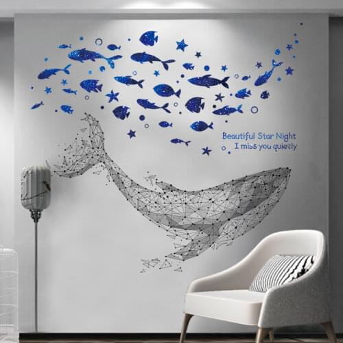 [SHIJUEHEZI] Blue Fish Stars Wall Stickers DIY Whale Animal Mural Decals for Kids Rooms Baby Bedroom Nursery Home Decoration